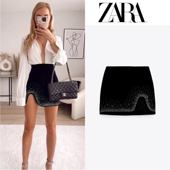 Zara Dresses & Skirts - ZARA BLOGGER FAVE NWOT Black Velvet Rhinestone Jewel Studded Mini Skirt w/ Slit